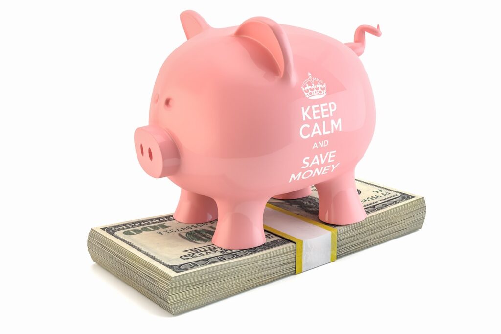 A piggy bank with Keep Calm and Save on it.