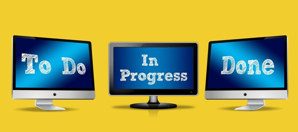 Three computer screens which say To Do, In Progress, Done.
