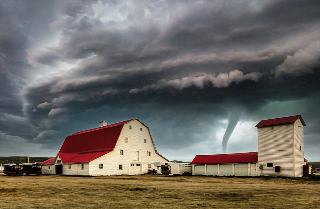 A tornado coming toward a farmhouse and barn.