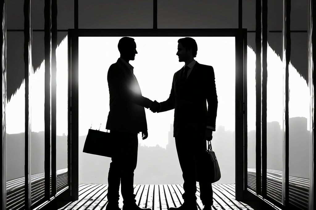 Two men in suits and briefcases shaking hands standing in a doorway with the sun behind them.