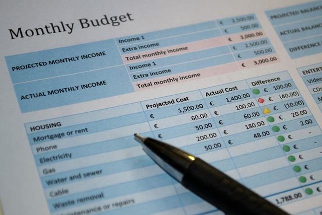 A printed monthly budget form showing plus and minus on spending.