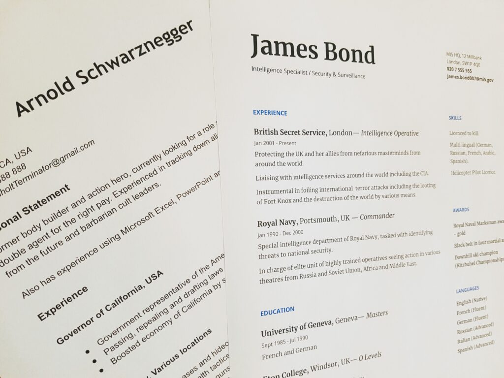 Resumes for Arnold Schwartznegger and James Bond.